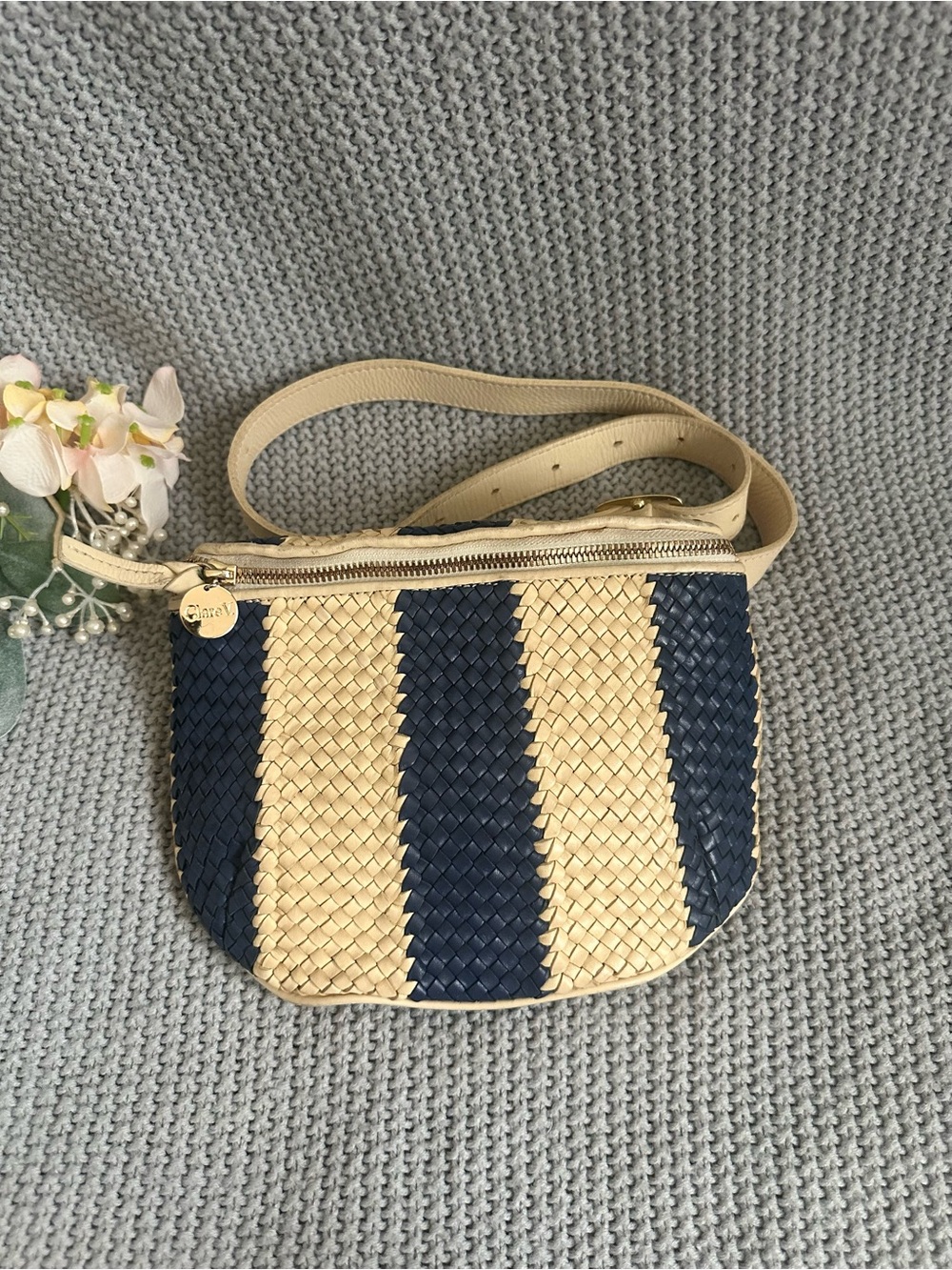 CLARE V. Woven Leather Striped Fanny Pack